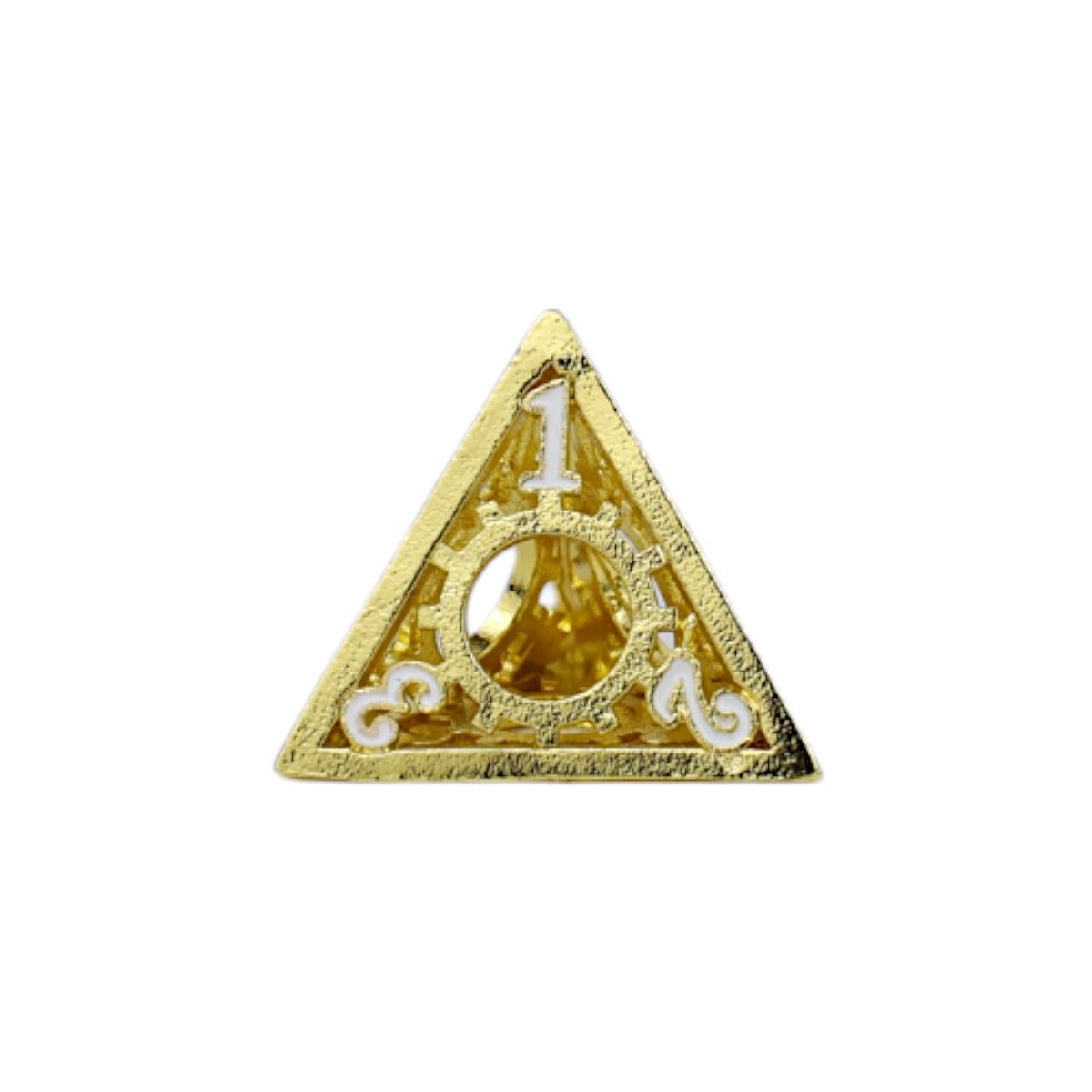 A shiny gold open-work D4 gaming die with white numbers 1-4 on its triangular faces and intricate cog designs
