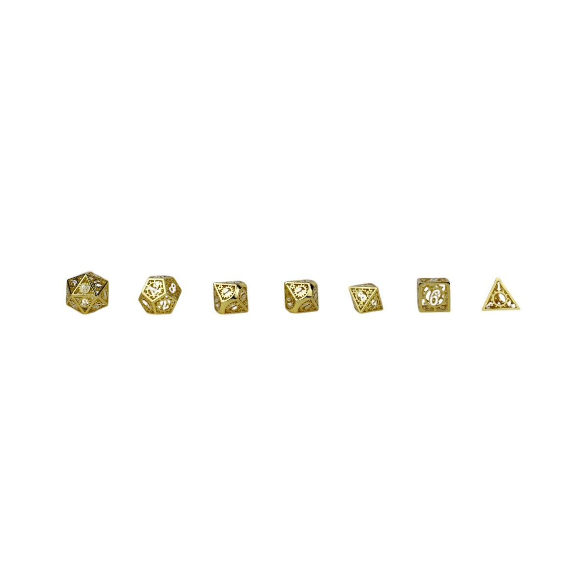 A set of seven intricate gold filigree dice with clear embedded gems, lined up on a white background