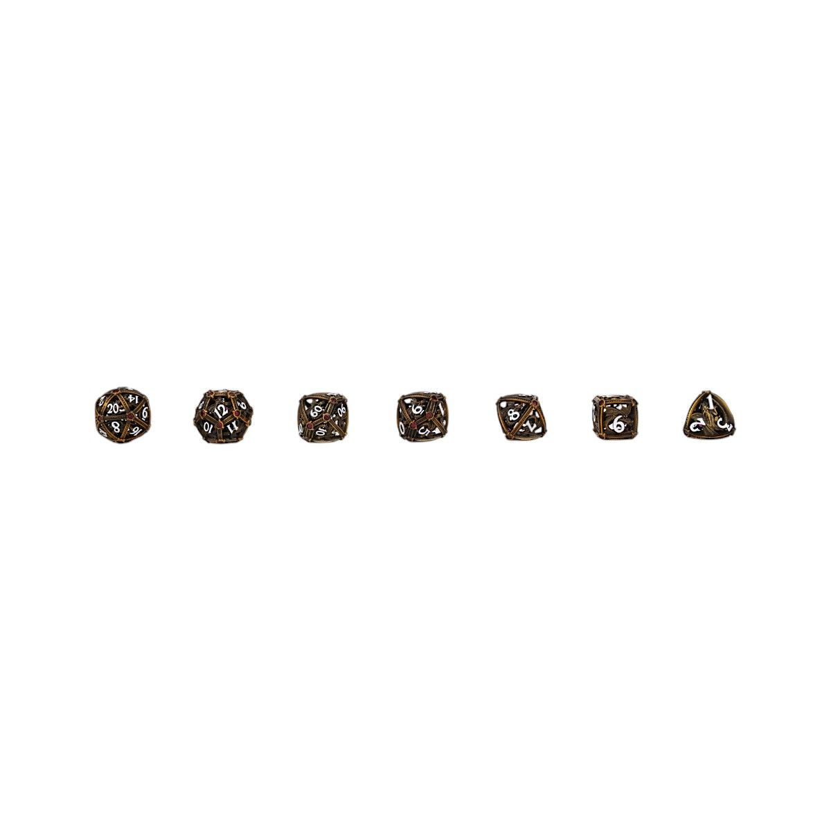 A set of seven ornate Let&#39;s Play Games Hoard Guardian RPG Dice Ancient Bronze/Red on a white background