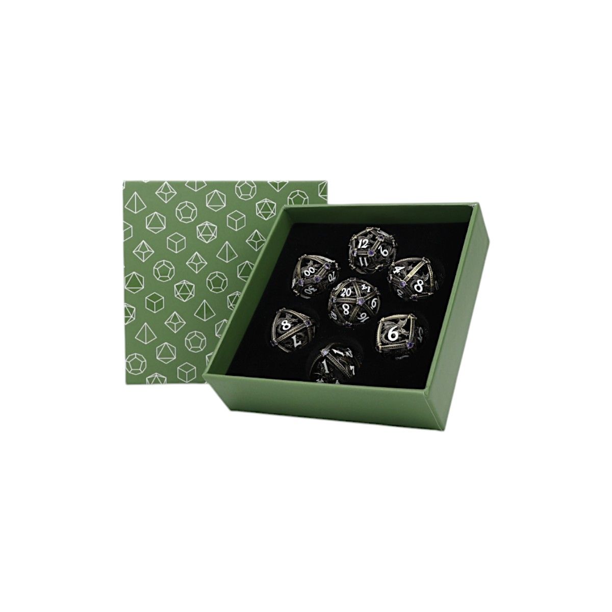 Let's Play Games Hoard Guardian RPG Dice Set, Tarnished Gold/Purple displayed in an open box with a patterned lid