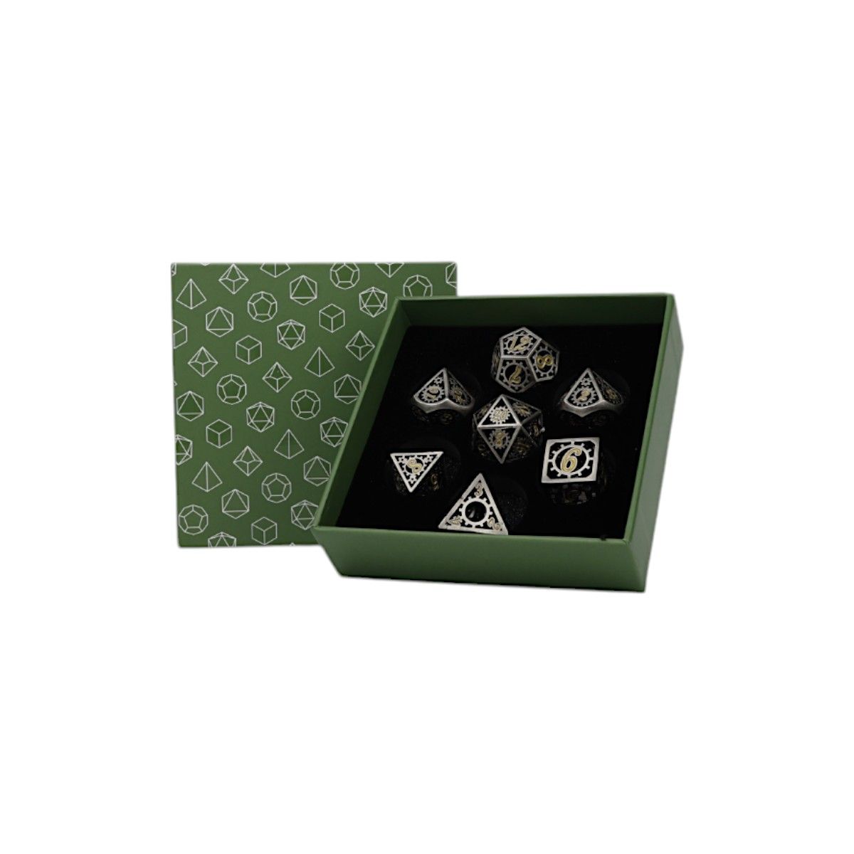 Seven black and silver metal gaming dice with gold accents in a green display box