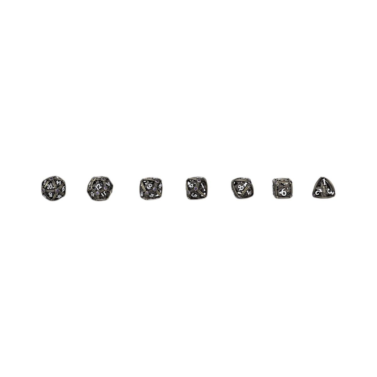 A set of seven ornate Let&#39;s Play Games Hoard Guardian RPG Dice Tarnished Gold/Purple on a white background
