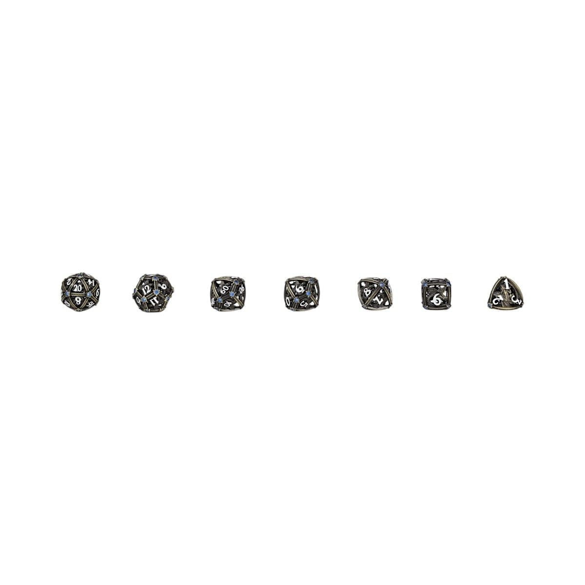 A set of seven ornate Let&#39;s Play Games Hoard Guardian RPG Dice Tarnished Gold/Blue on a white background