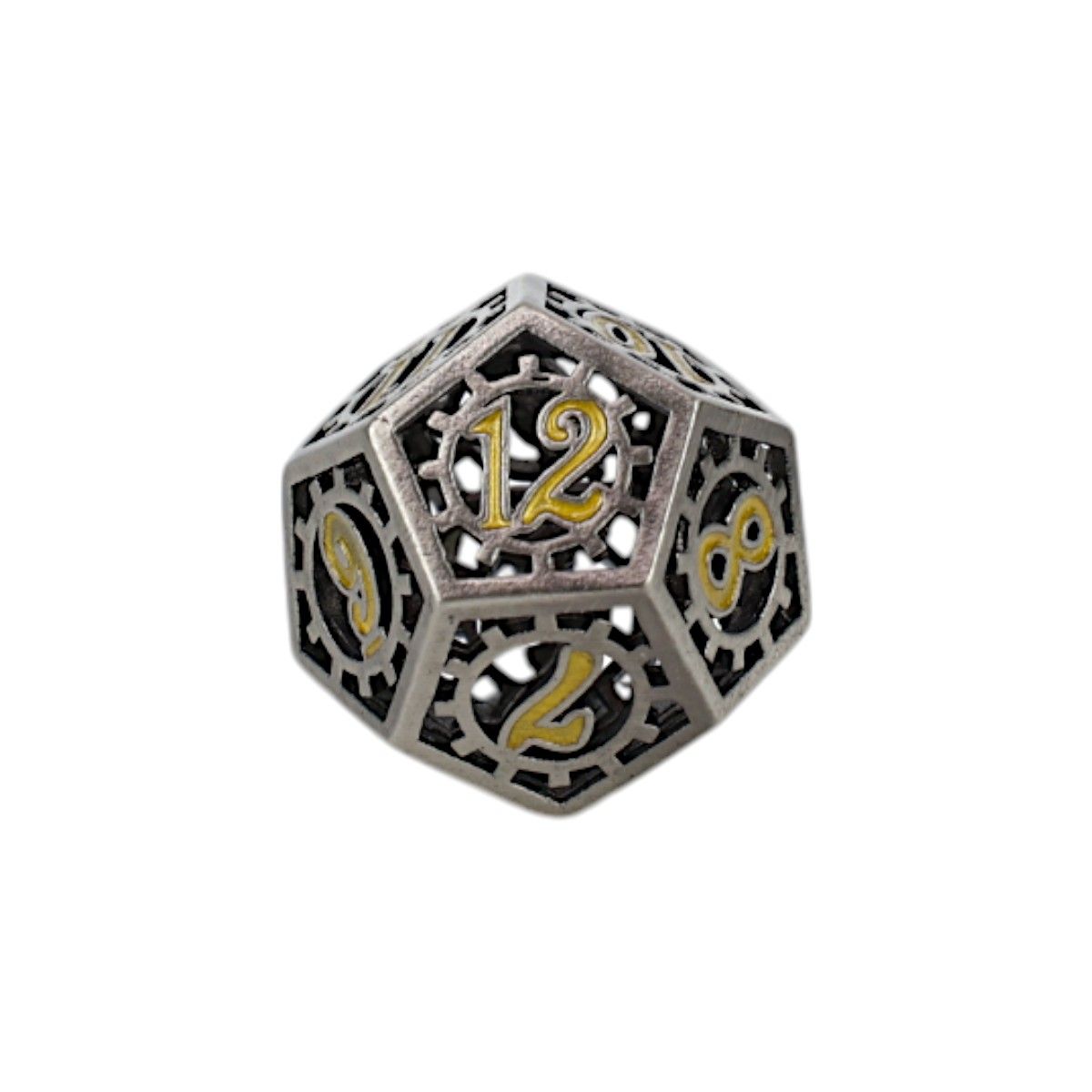 A steampunk-style metallic D12 die with gear cutouts, showing the number 12