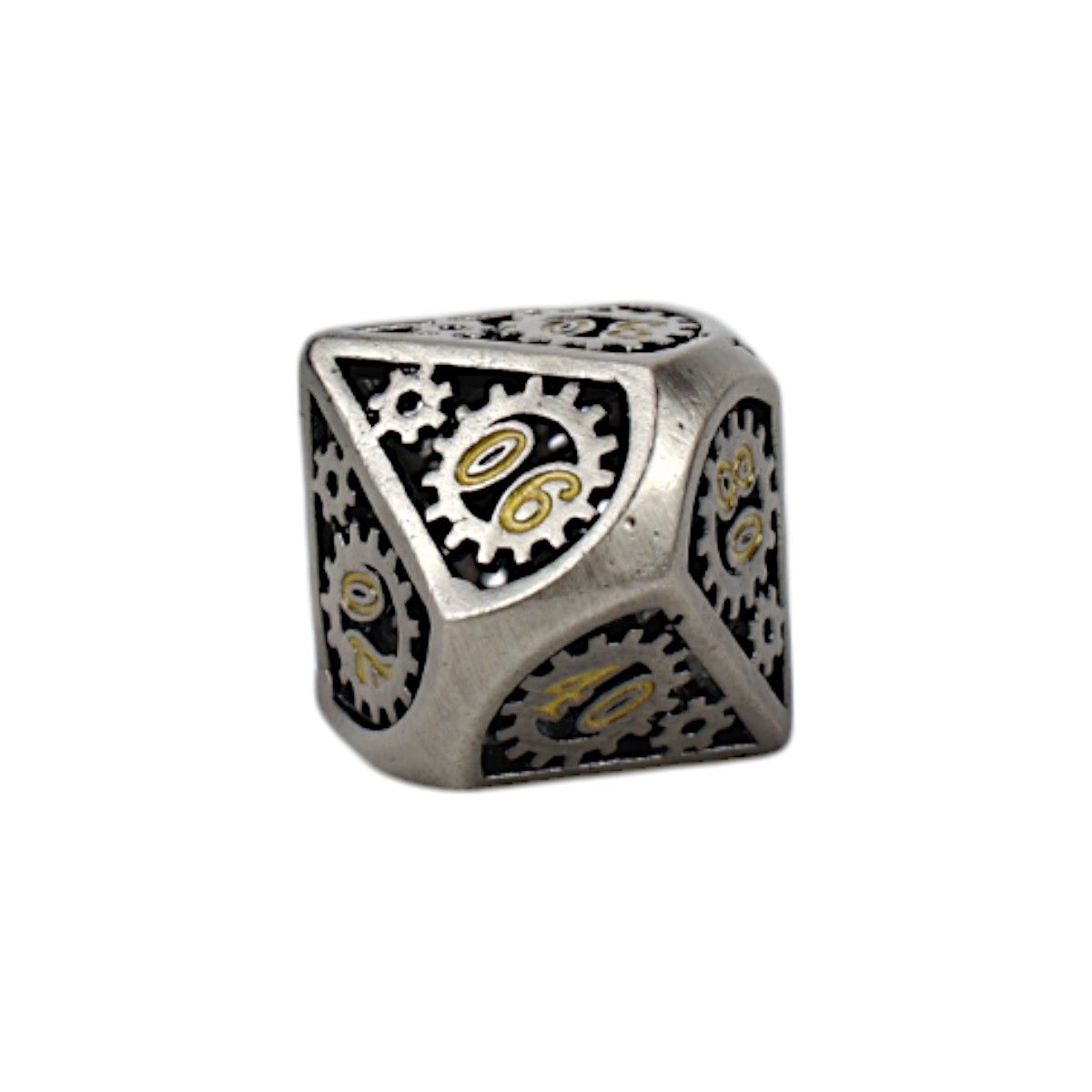 A steampunk-style metal percentile die (d12) with gears and numbers on a white background