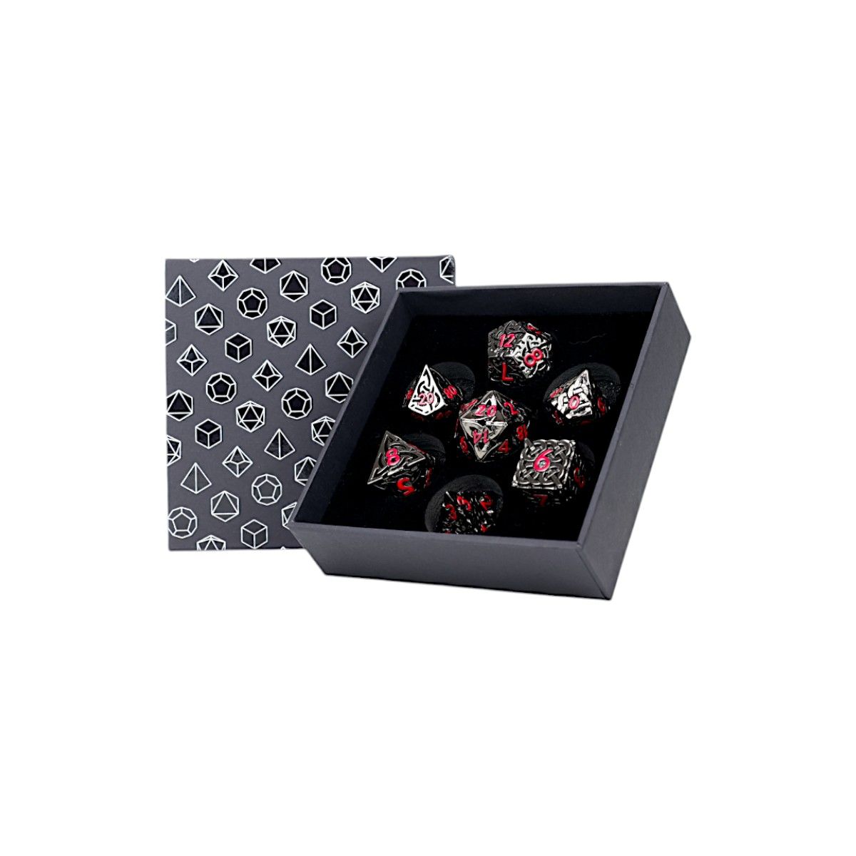 LPG Dice Celtic Hollow Dice Set Sakura displayed in an open box with a patterned lid