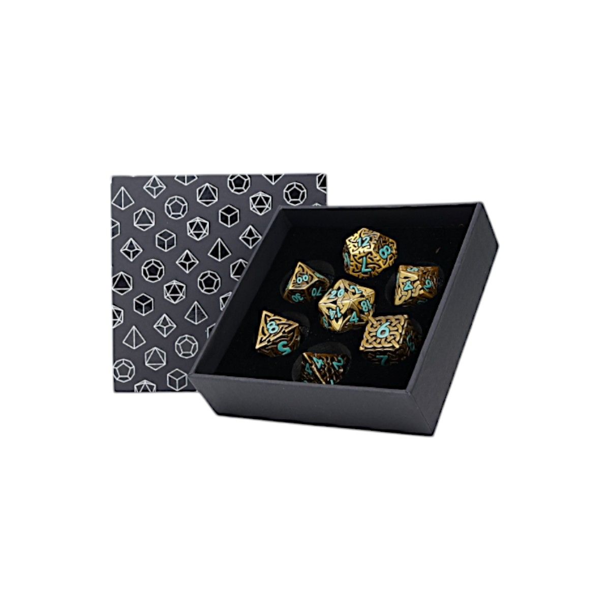 LPG Dice Celtic Hollow Dice Set Summer displayed in an open box with a patterned lid