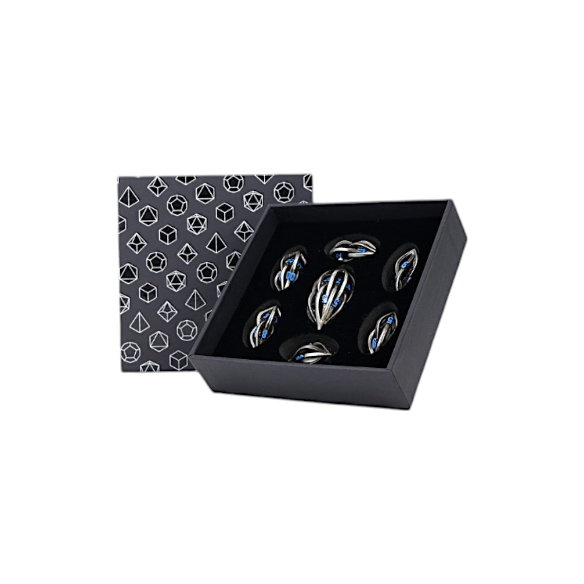Seven metal cage dice with blue numbers in an open black box with a black and white dice pattern lid