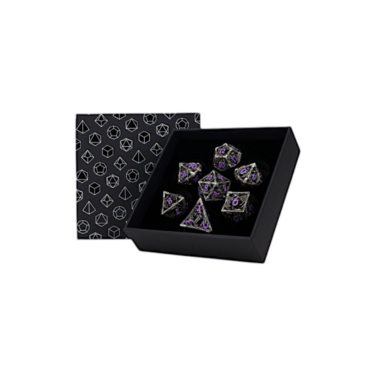 Let's Play Games Dragon Hollow RPG Dice Set, Metal/Purple displayed in an open box with a patterned lid
