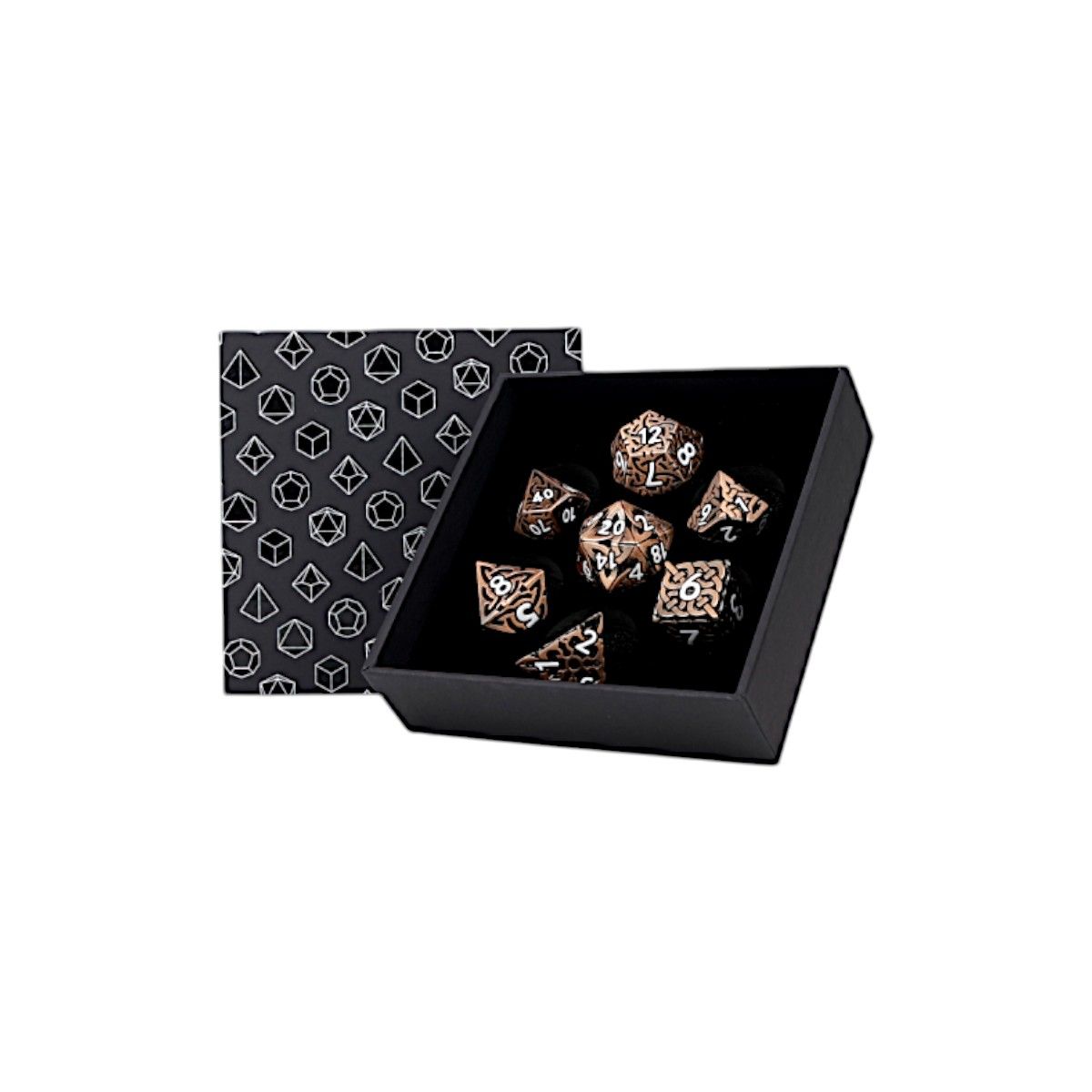 LPG Dice Celtic Hollow Dice Set Autumn displayed in an open box with a patterned lid