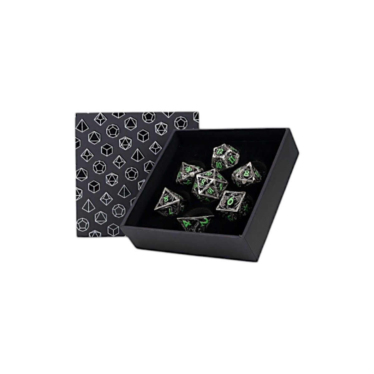 Let's Play Games Dragon Hollow RPG Dice Set, Metal/Green displayed in an open box with a patterned lid