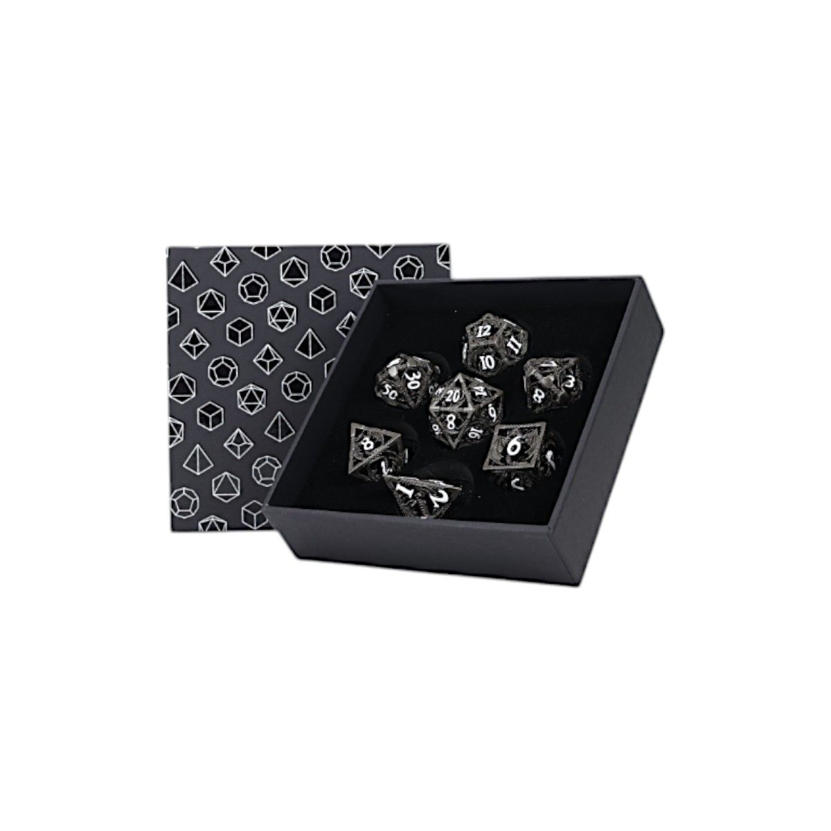 Let's Play Games Dragon Hollow RPG Dice Set, Metal/Black displayed in an open box with a patterned lid