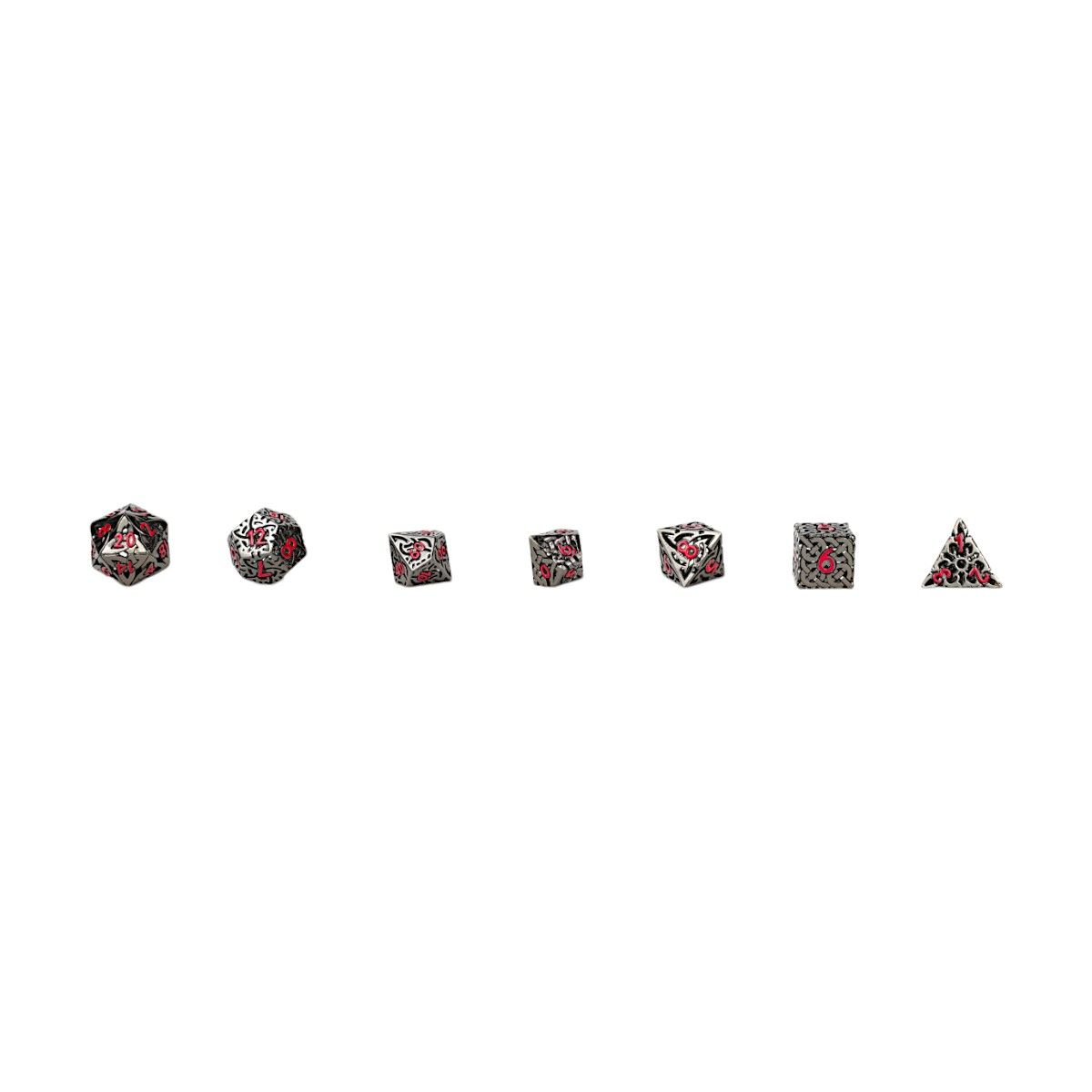 A set of seven ornate LPG Dice Celtic Hollow Dice Sakura on a white background