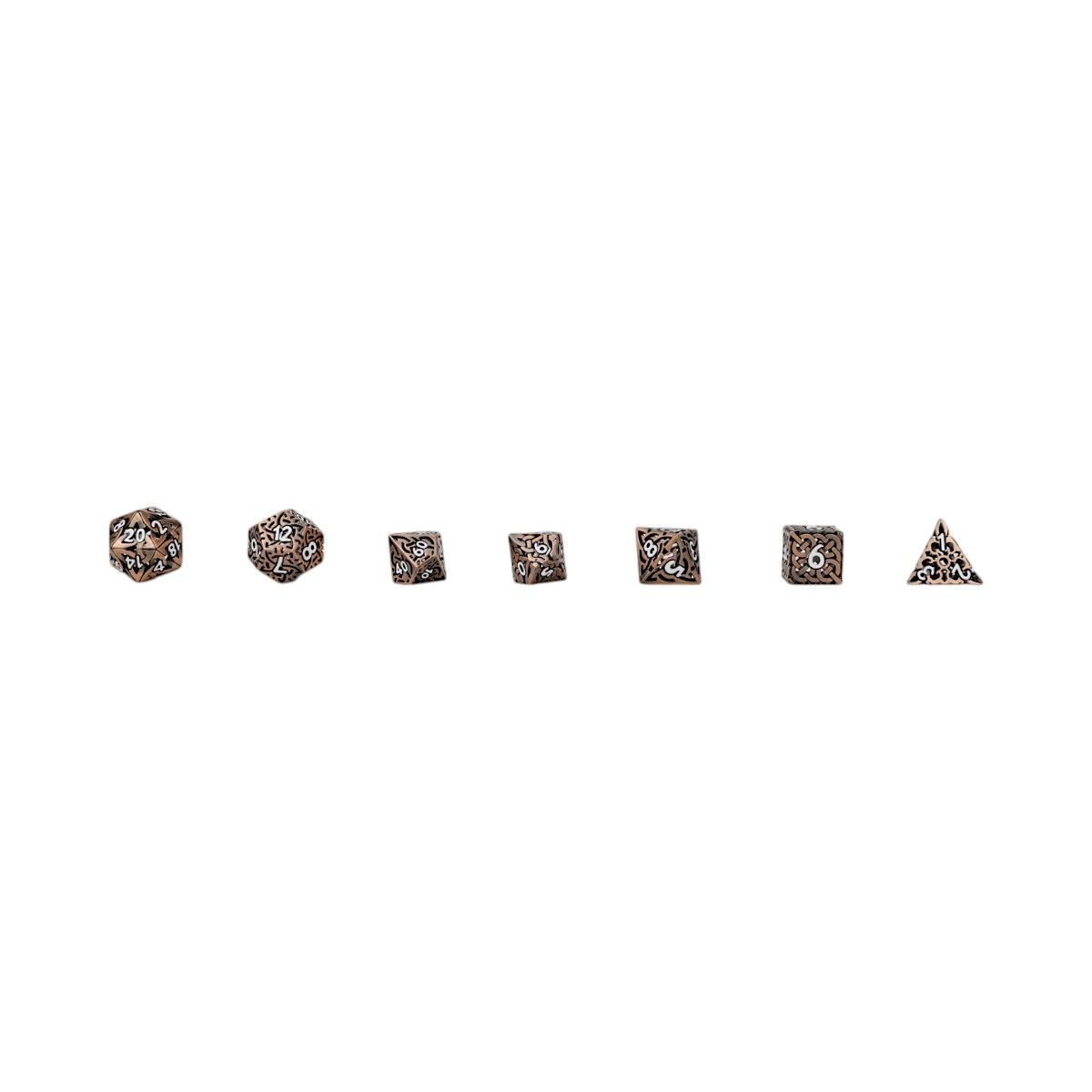 A set of seven ornate LPG Dice Celtic Hollow Dice Autumn on a white background