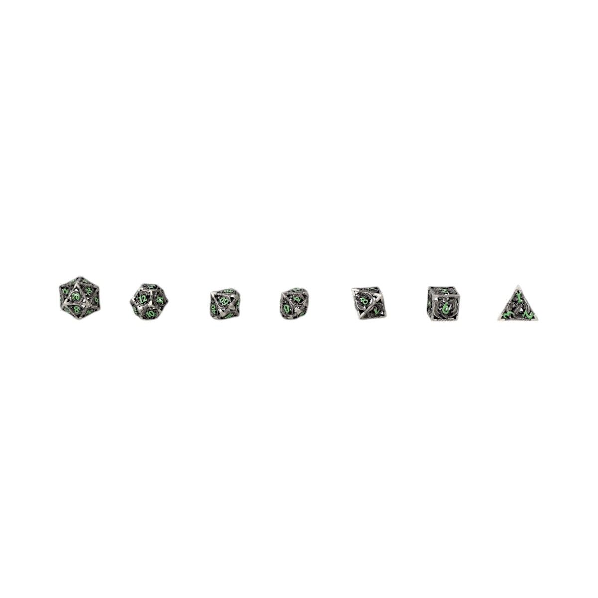 A set of seven ornate Let&#39;s Play Games Dragon Hollow RPG Dice Metal/Green on a white background