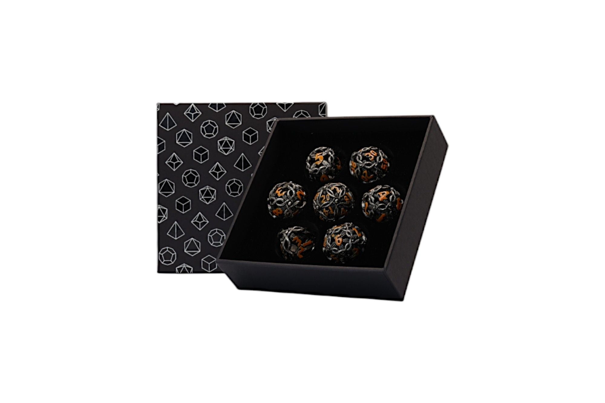Let's Play Games Vines Hollow RPG Dice Set, Autumn displayed in an open box with a patterned lid
