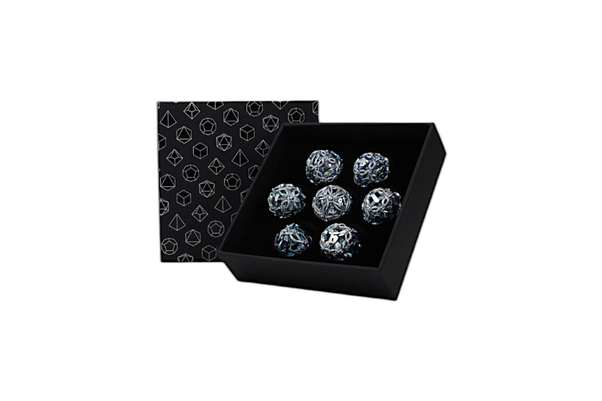 Let&#39;s Play Games Vines Hollow RPG Dice Set, Sakura displayed in an open box with a patterned lid