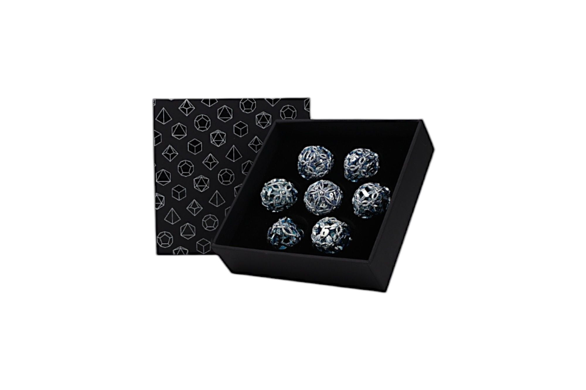 Let's Play Games Vines Hollow RPG Dice Set, Sakura displayed in an open box with a patterned lid