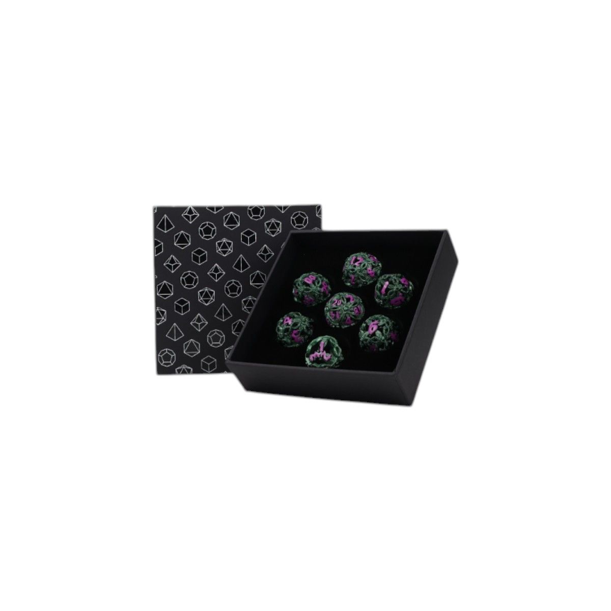 Let's Play Games Vines Hollow RPG Dice Set, Sakura displayed in an open box with a patterned lid