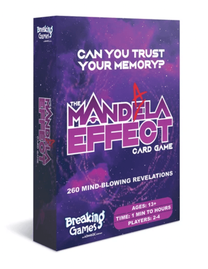 Purple box for &#39;The Mandela Effect&#39; memory card game, featuring a galaxy design and game details.