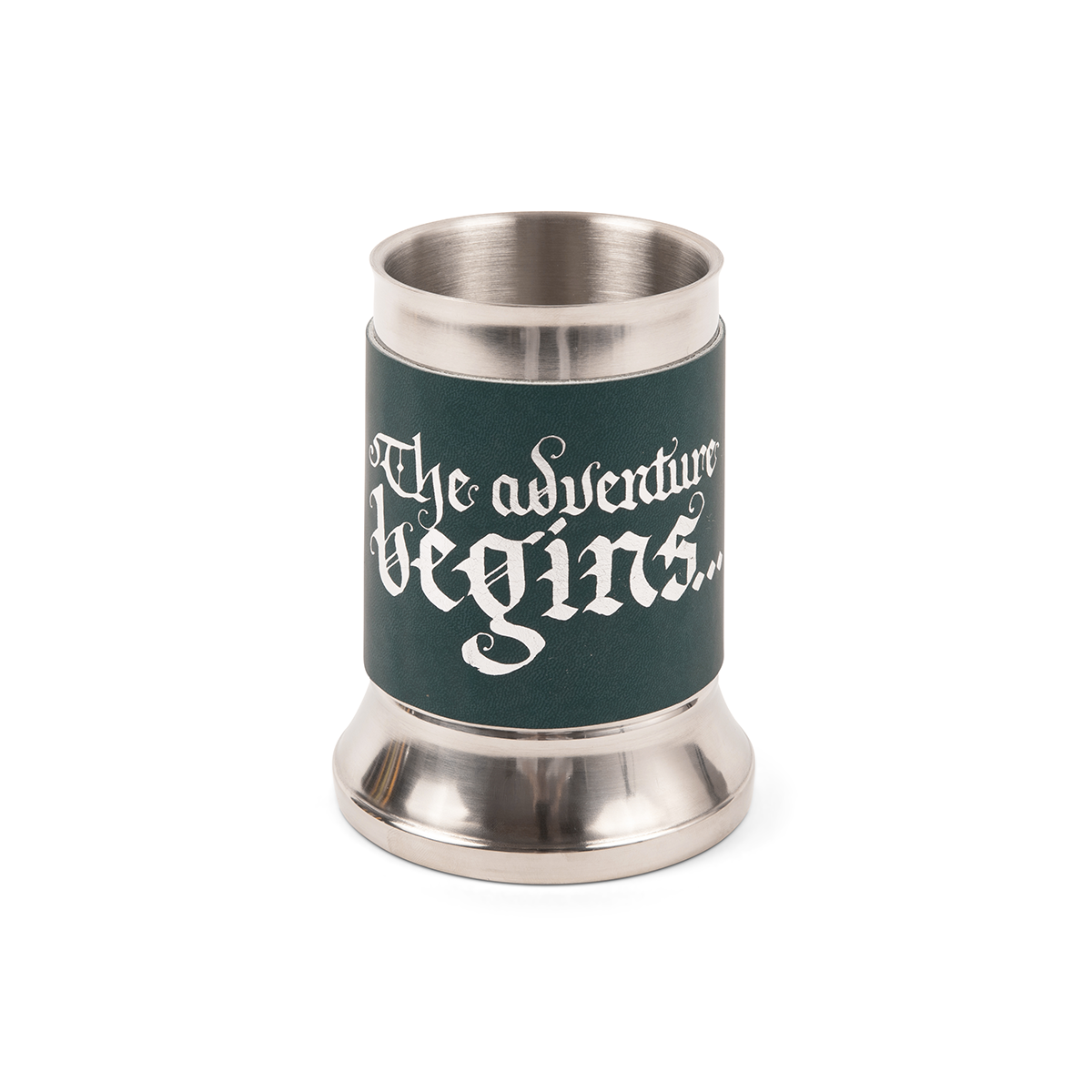 Stainless steel mug with a navy blue tankard wrap featuring white calligraphic text: "The adventure begins..."