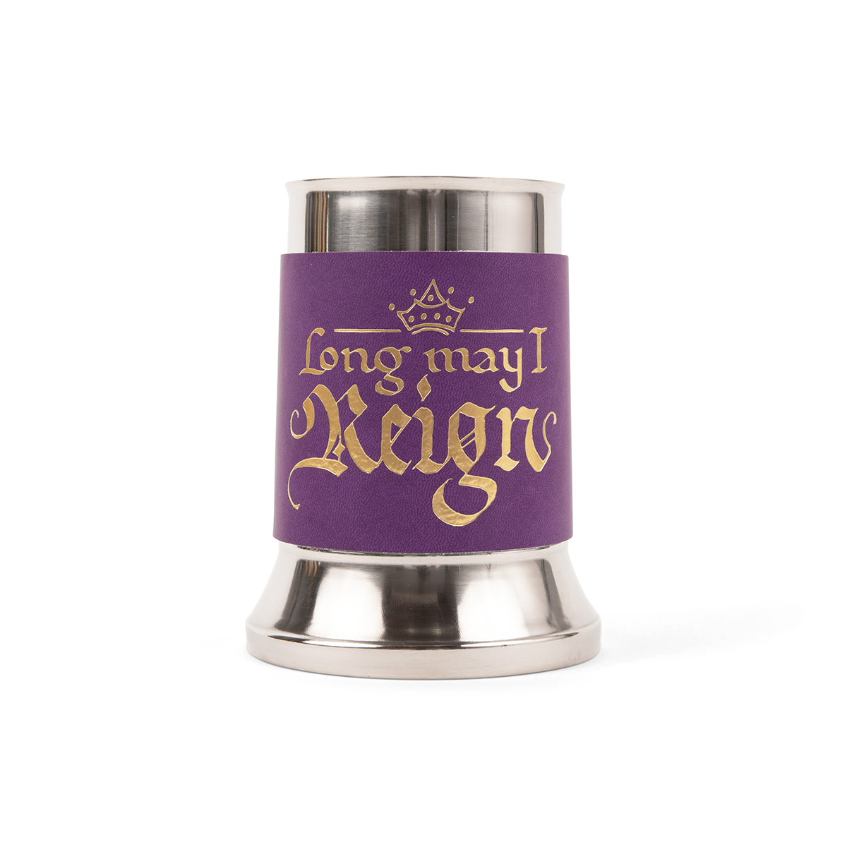 A Stainless steel mug with a purple tankard wrap, emblazoned with &#39;Long may I Reign&#39; and a crown in gold