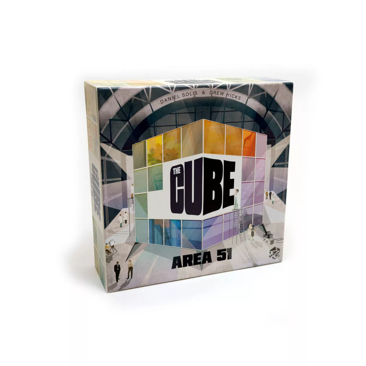 Game box for 'The Cube AREA 51', featuring a large, colorful, translucent cube and tiny figures in a vast industrial space.