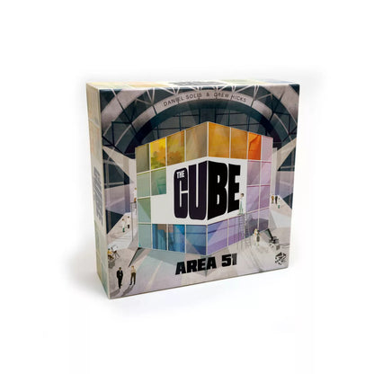 Game box for 'The Cube AREA 51', featuring a large, colorful, translucent cube and tiny figures in a vast industrial space.