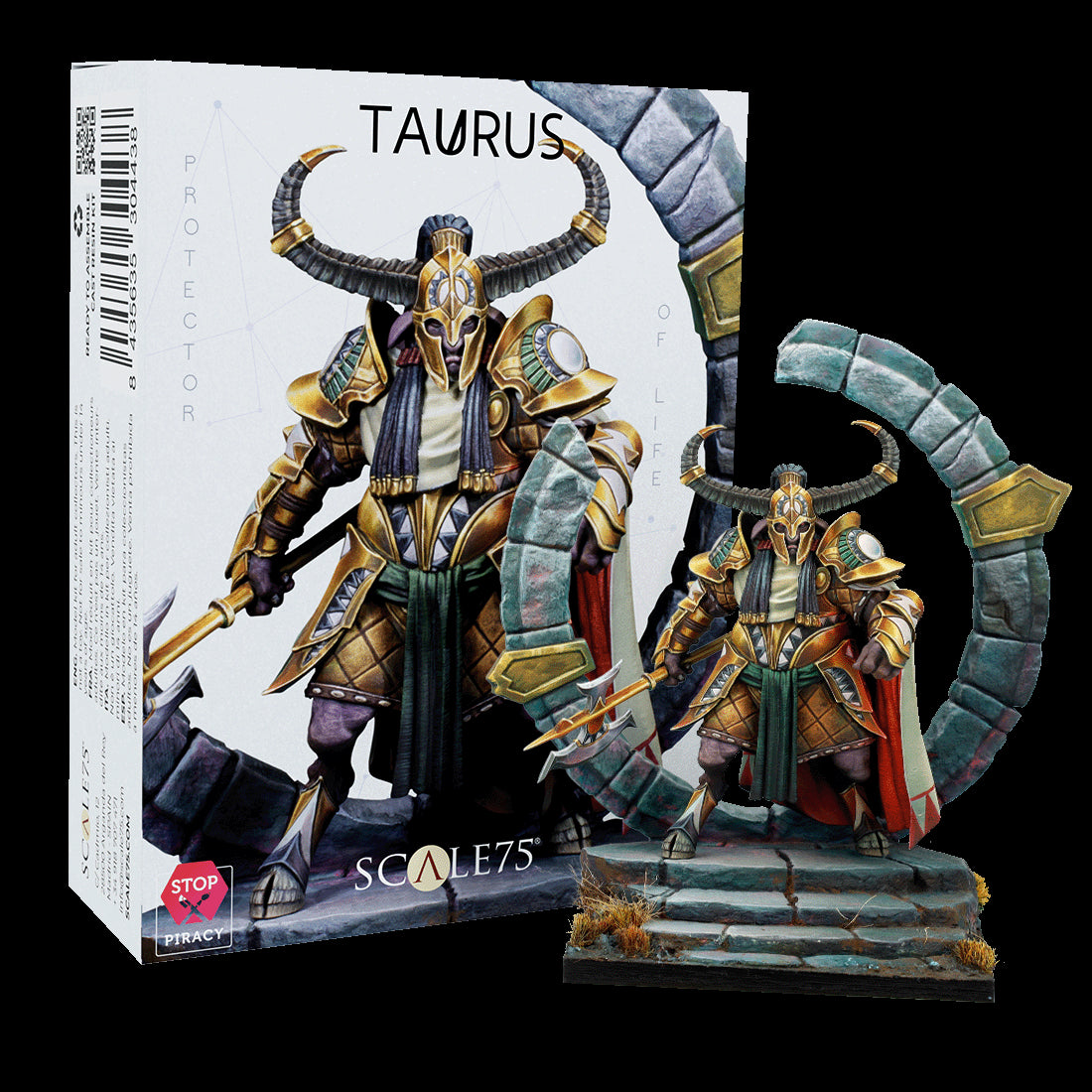 Scale75 'Taurus' model kit box next to a painted miniature: a golden-armored, horned warrior with an axe on a stone base.