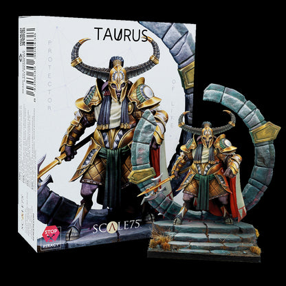 Scale75 'Taurus' model kit box next to a painted miniature: a golden-armored, horned warrior with an axe on a stone base.
