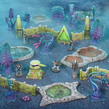 Terrain Crate: Death World 25 modular sci-fi terrain pieces, walls, pools, trees, and alien flora.