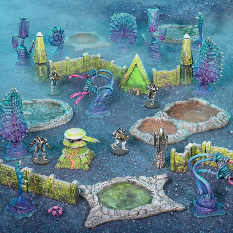 Terrain Crate: Death World 25 modular sci-fi terrain pieces, walls, pools, trees, and alien flora.