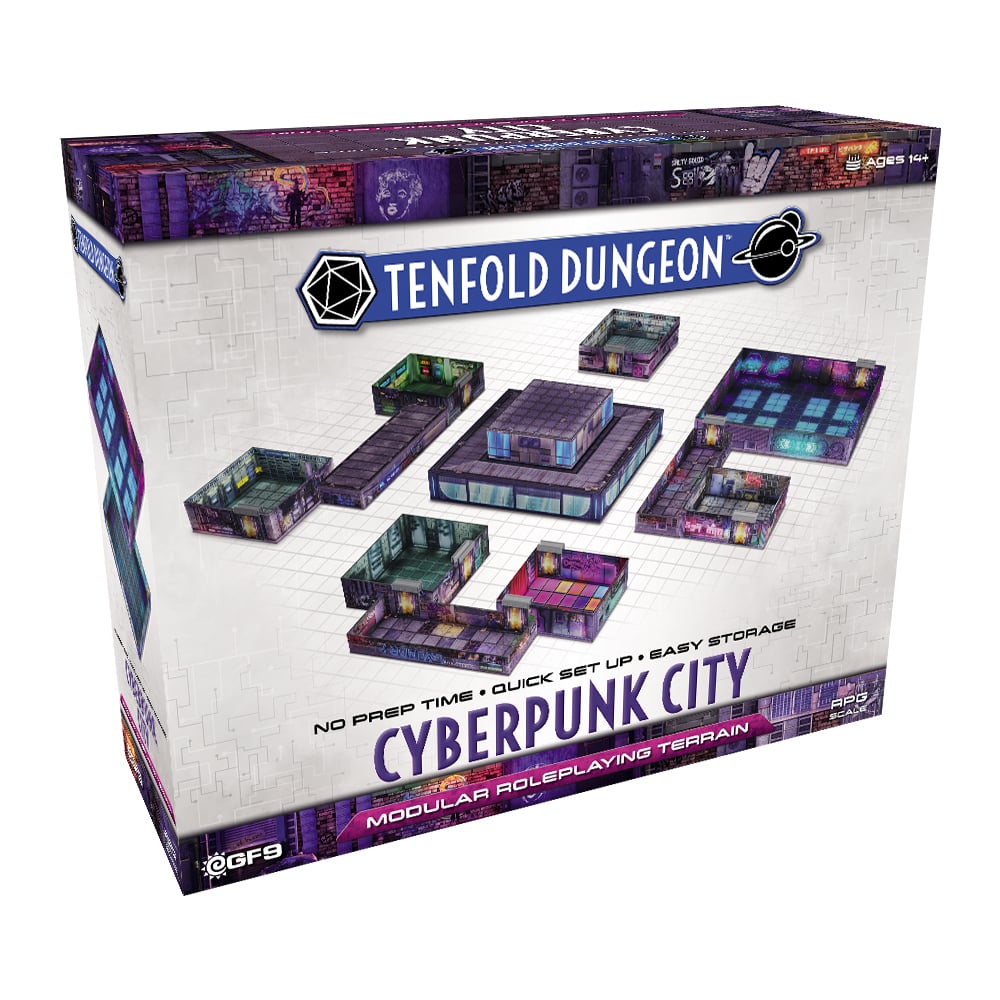 Tenfold Dungeon: Cyberpunk City box, displaying modular terrain pieces like futuristic buildings and platforms for RPGs