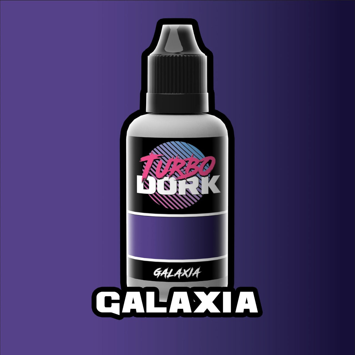 A Galaxia Turboshift Acrylic Paint Bottle with a black label, pink and blue "Turbo Dork" text, and purple sections on a purple background
