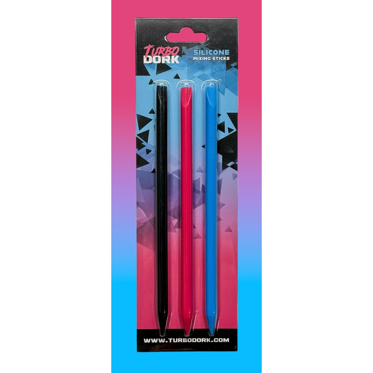 A blister pack of three Turbo Dork silicone mixing sticks: black, pink, and blue