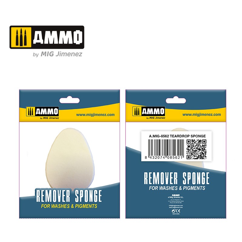 AMMO by MIG Jimenez teardrop remover sponge, shown in front and back packaging. Used for washes and pigments.