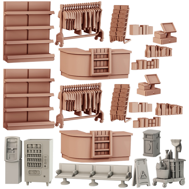 Terrain Crate Mini Mart set: shelving, racks, counters, payment, vending, seating, janitorial cart