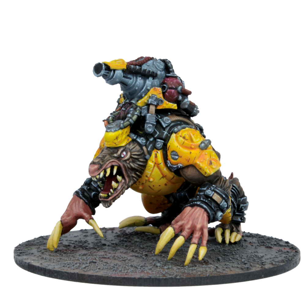 Miniature of a brown beast in yellow armor with an open, fanged mouth and a large cannon mounted on its back