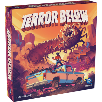 Terror Below board game box art: Cowboy on a pickup truck fights a giant desert worm monster