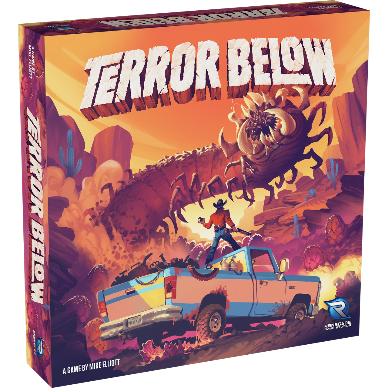 Terror Below board game box art: Cowboy on a pickup truck fights a giant desert worm monster
