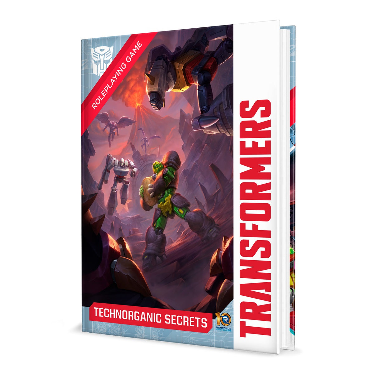 A Transformers Roleplaying Game book cover with robots battling on a volcanic alien world. Features Megatron and a green Dinobot