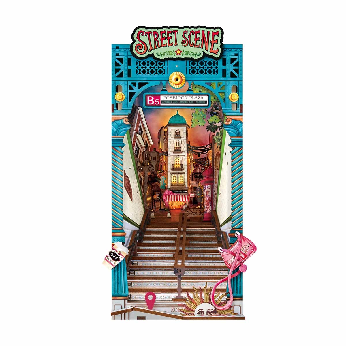 Miniature "Street Scene" diorama of a bustling European plaza seen up long stairs through a bright blue archway