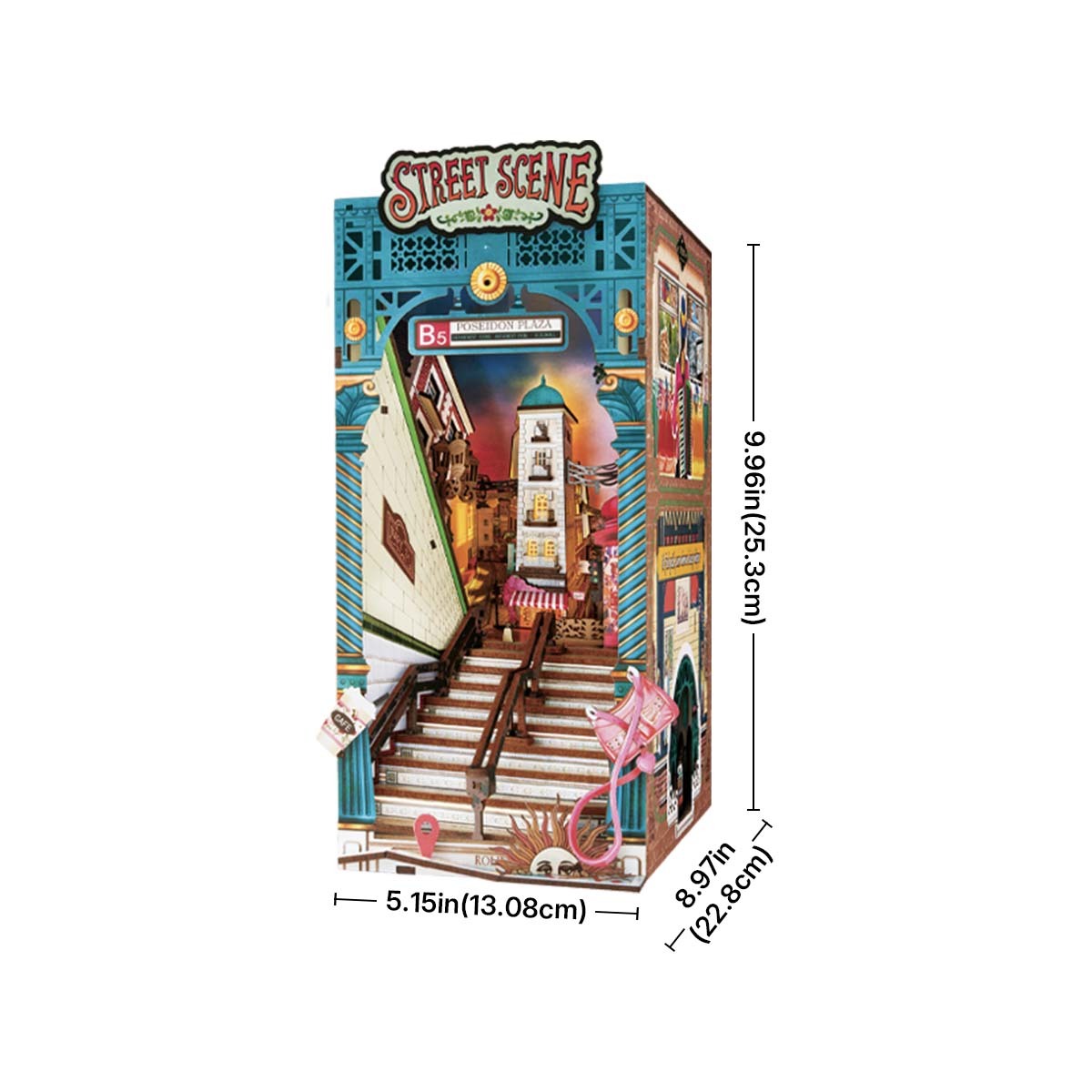 3D wooden book nook kit depicting a detailed European street scene with steps leading to a central tower