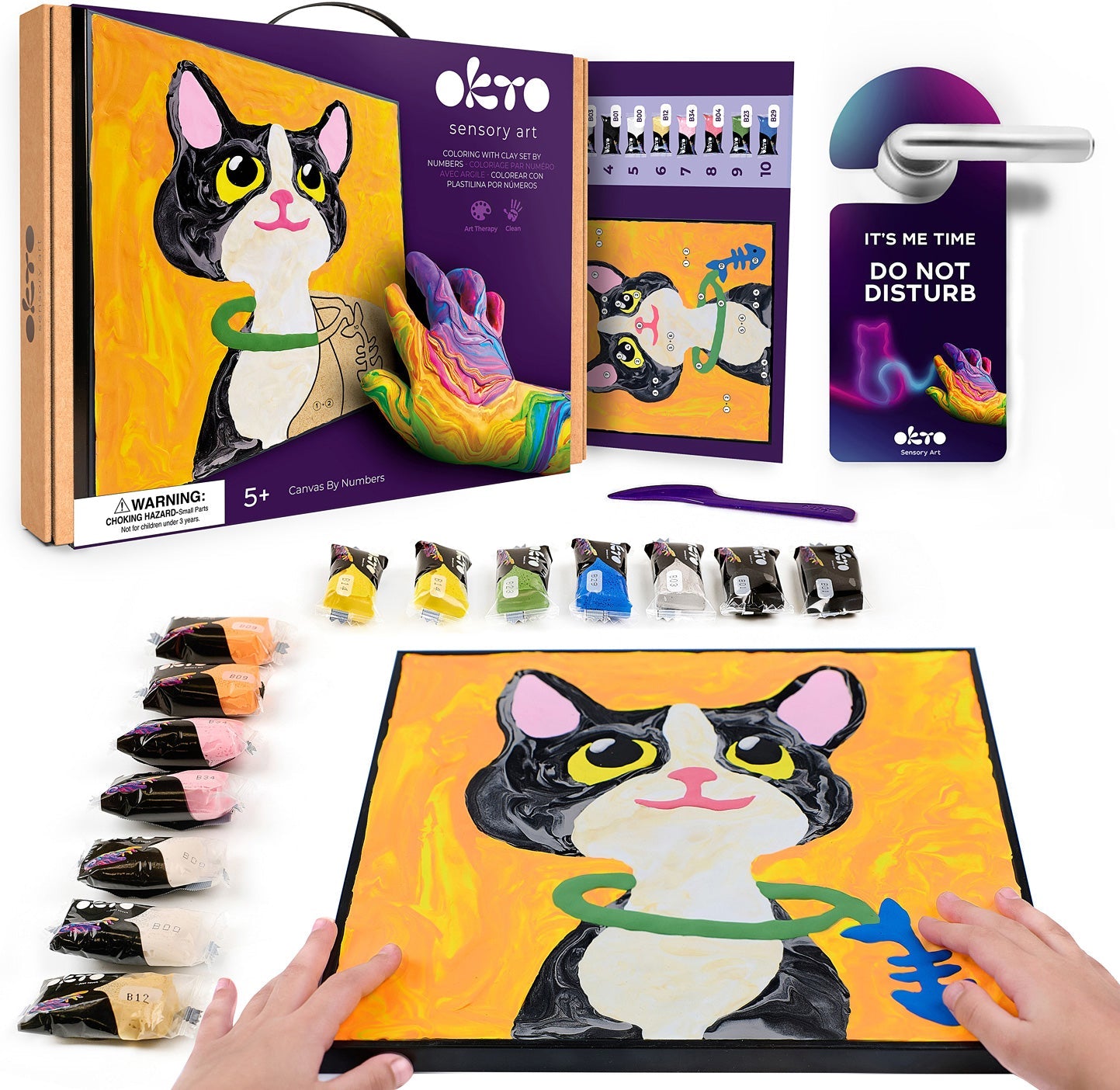 Clay by Numbers sensory art kit components displayed, showing a child's hands creating a textured cat picture
