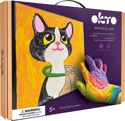 Sensory Art Clay by Numbers kit box featuring a partially completed 3D cat artwork and a hand sculpted with colourful, swirling clay