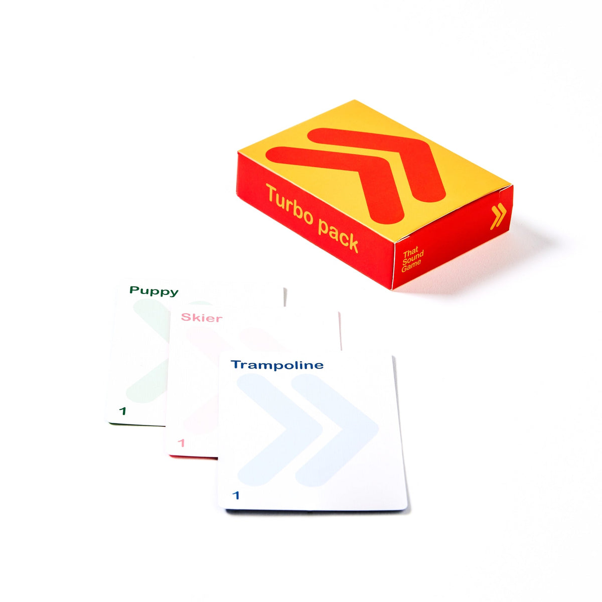 That Sound Game Turbo Pack expansion with colorful word cards including Puppy Skier and Trampoline