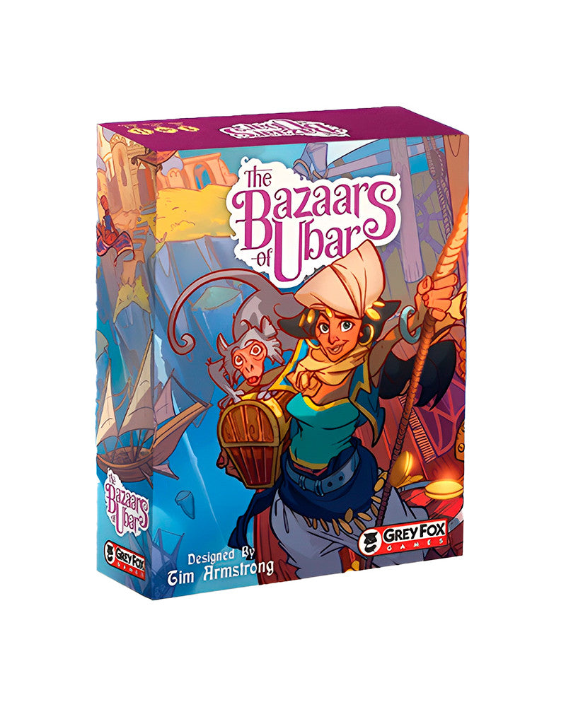 The Bazaars of Ubar board game box featuring vibrant artwork of a traveler with a monkey companion