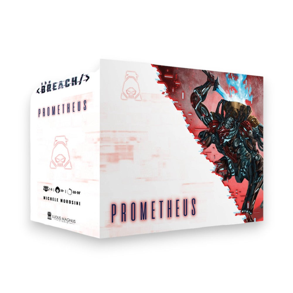 White game box, 'BREACH Prometheus,' with a dark futuristic warrior raising a glowing blue sword.