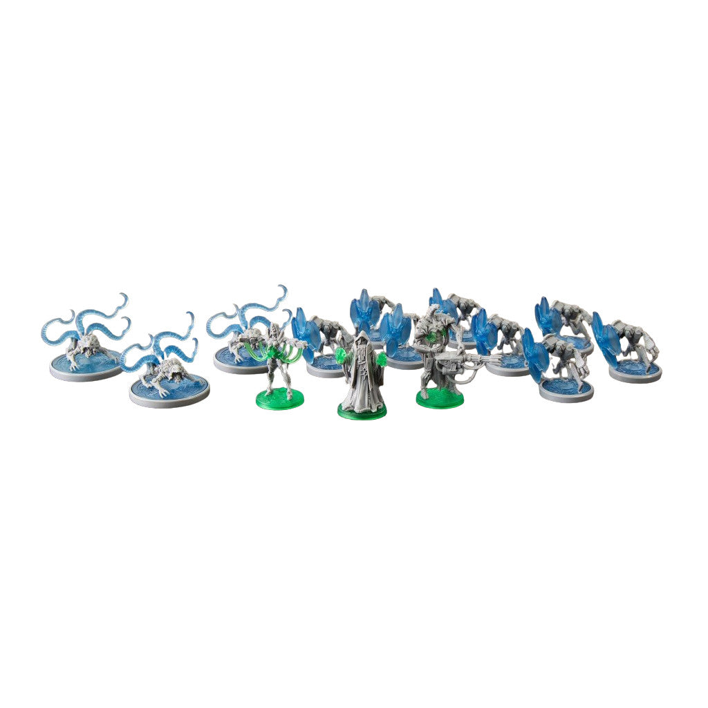 Collection of game miniatures: robed wizard, two green-glowing warriors, blue tentacled beasts, and grey shielded soldiers.