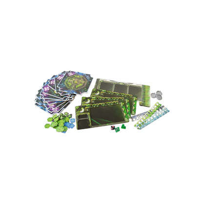 A collection of board game components: dark hexagonal tiles, green player boards, small tokens, dice, and long trackers.